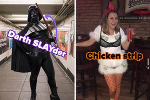 Darth SLAYder, with a corset, tight pants, and heels, and a "chicken strip" AKA a girl dressed as a chicken with a bra, fishnets, and money stuck to her