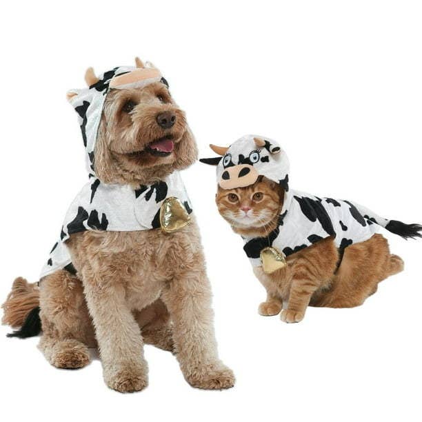 large dog and cat both wearing the cow pet costume