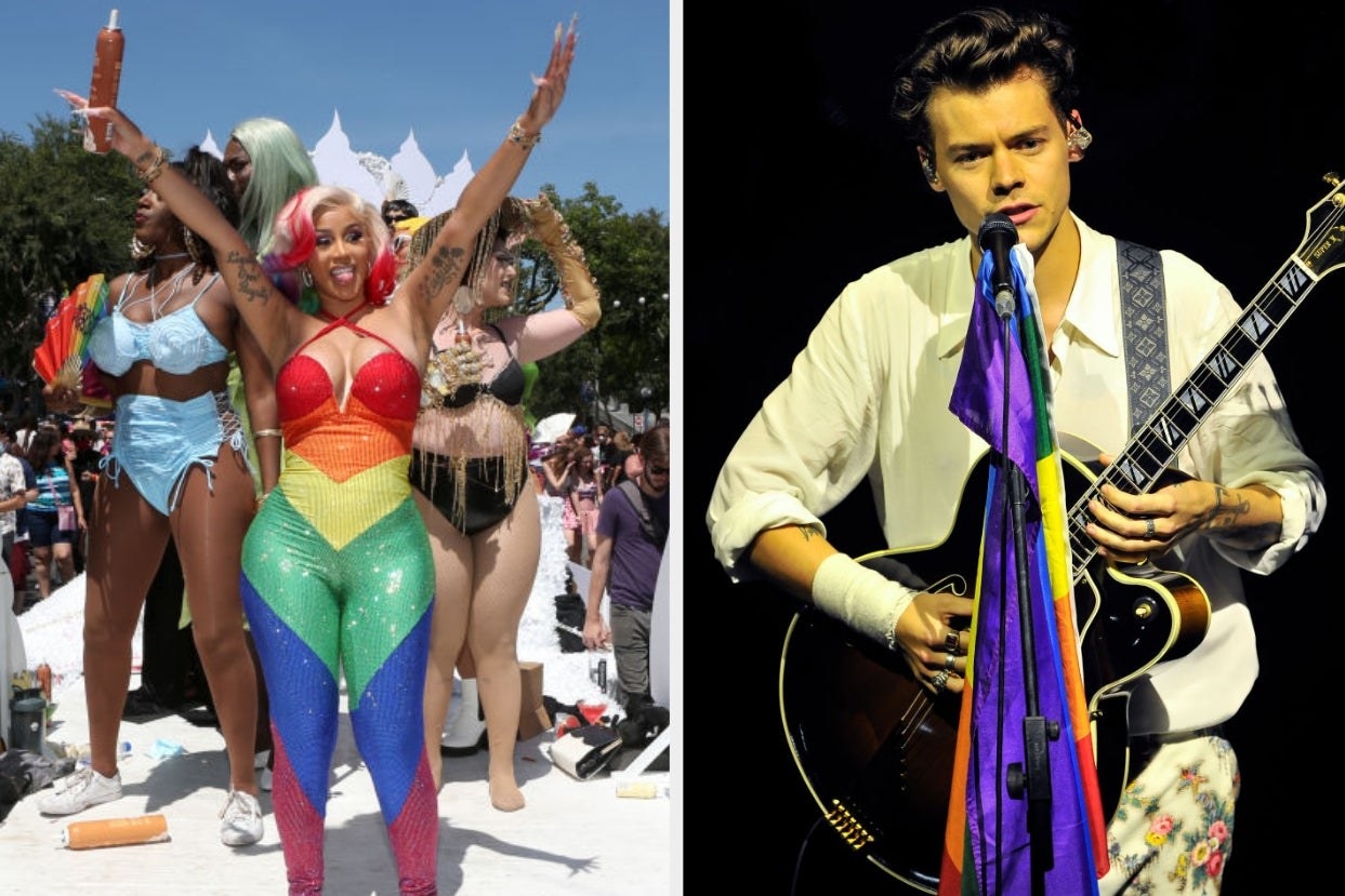 Cardi B in a rainbow jumpsuit; Harry Styles with a pride flag on his mic