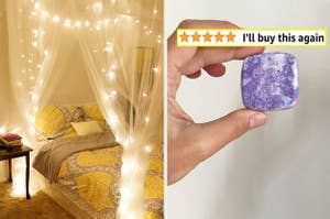 L: reviewer's bed with white gauze canopy and string lights R: hand holding purple shower steamer and screenshot of 5-star review titled "I'll buy this again"