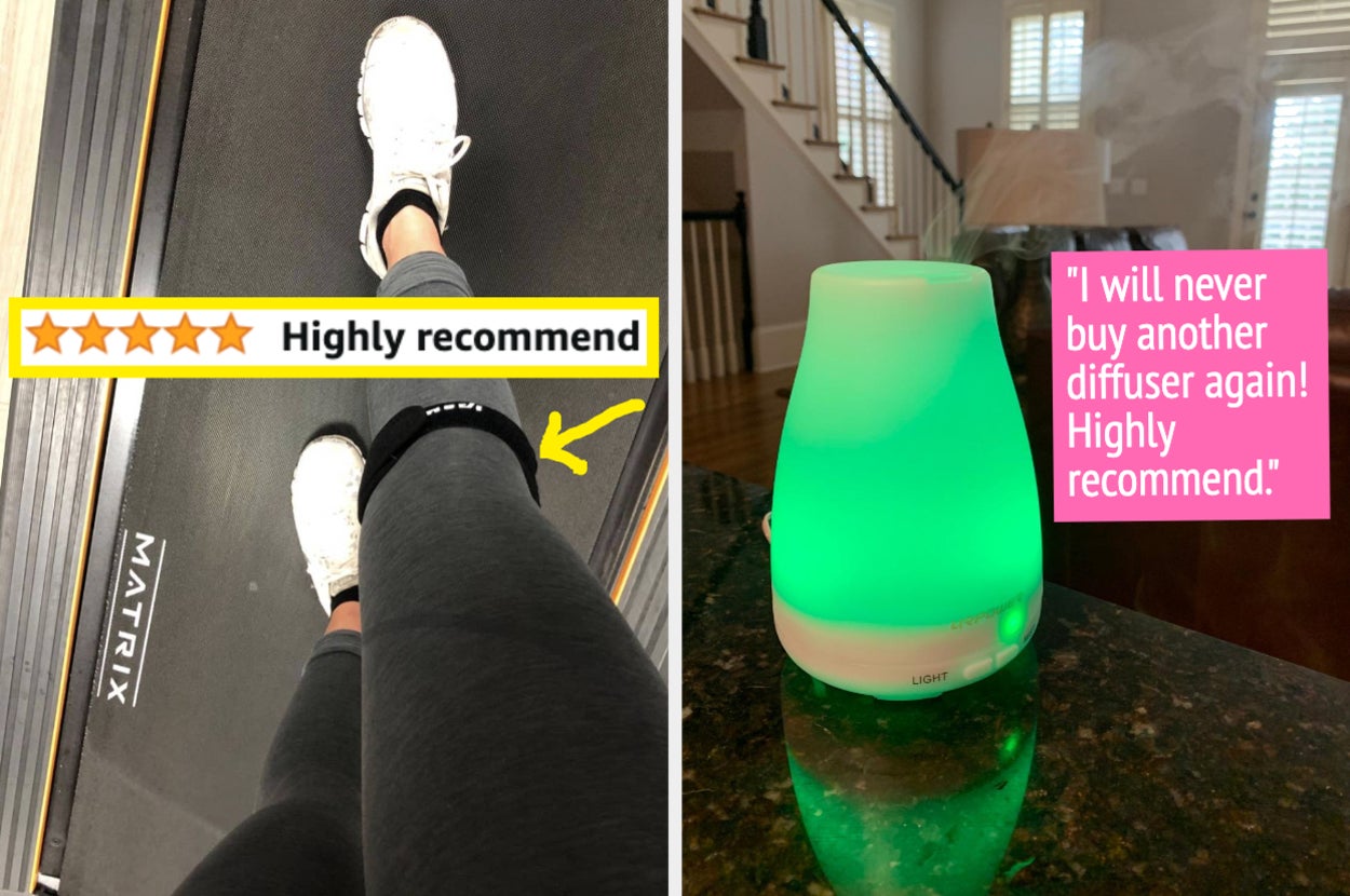 on left, reviewer wearing black knee brace while walking on a treadmill. on right, small essential oil diffuser with green light on marble table