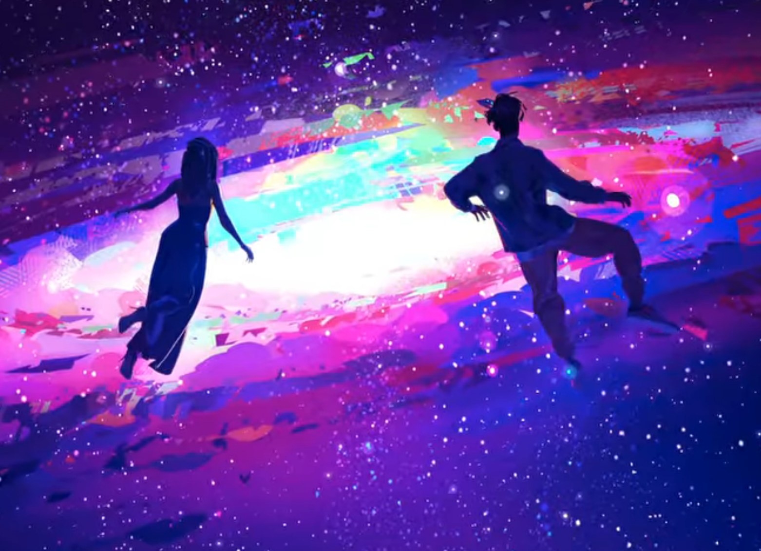 Meadow and Jabari float in a colorful celestial setting in &quot;Entergalactic&quot;