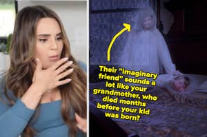 A woman looking shocked, and a ghost over a sleeping child, with text saying their imaginary friends sounds like your grandmother who died before they were born