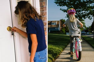 boy with key in his pocket, girl on bicycle