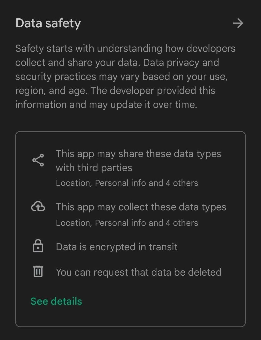 screenshot of data safety section when downloading a period tracking app