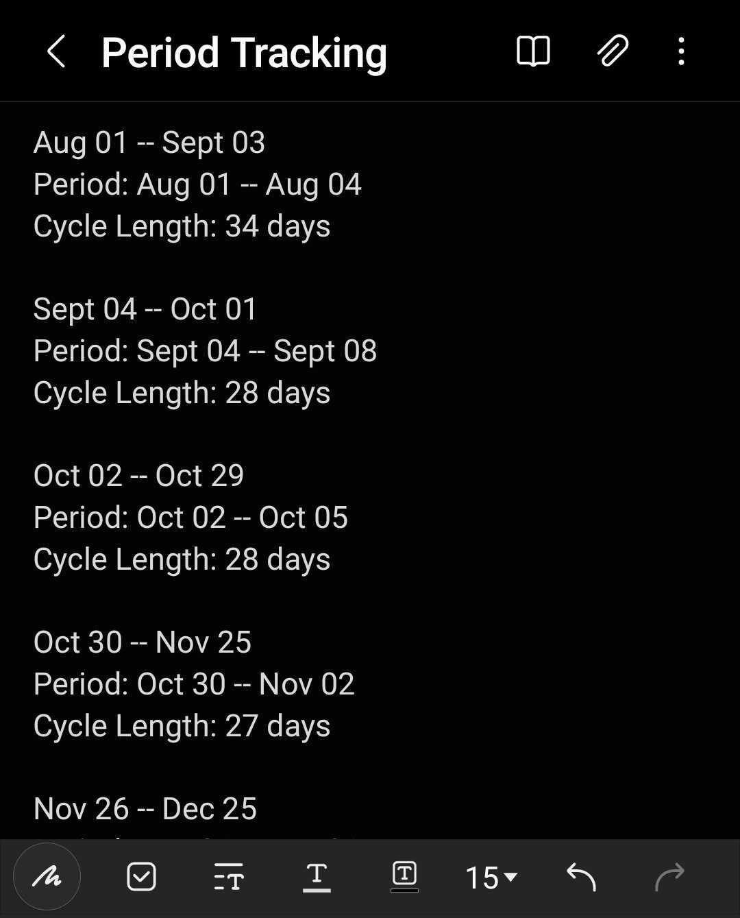 period tracking notes in a Notes app