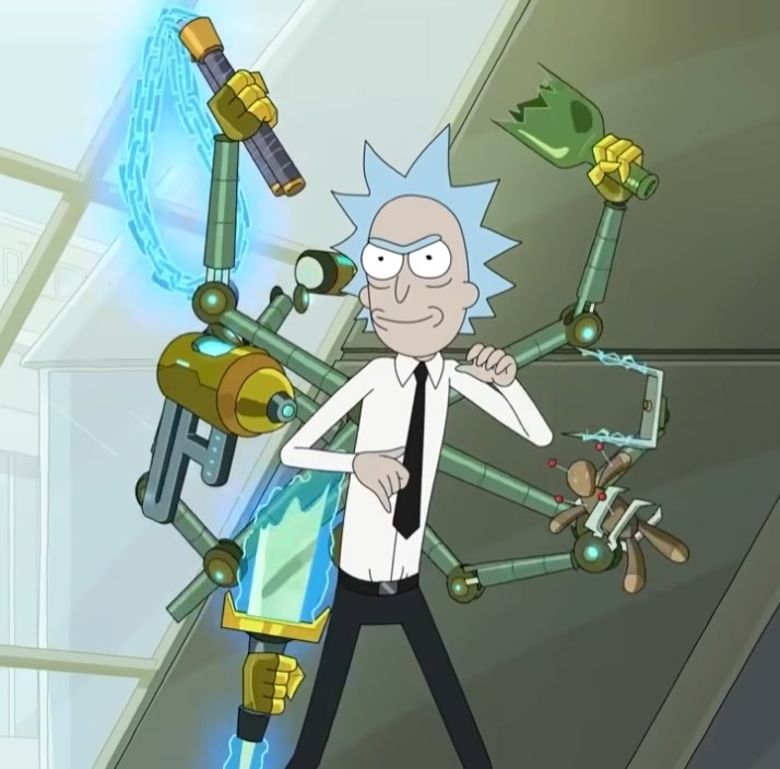 Rick smirking as multiple weapons spawn around him