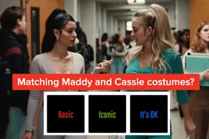 Matching Maddy and Cassie from Euphoria labeled "basic?" and Eddie Munson from Stranger Things labeled "Iconic?"