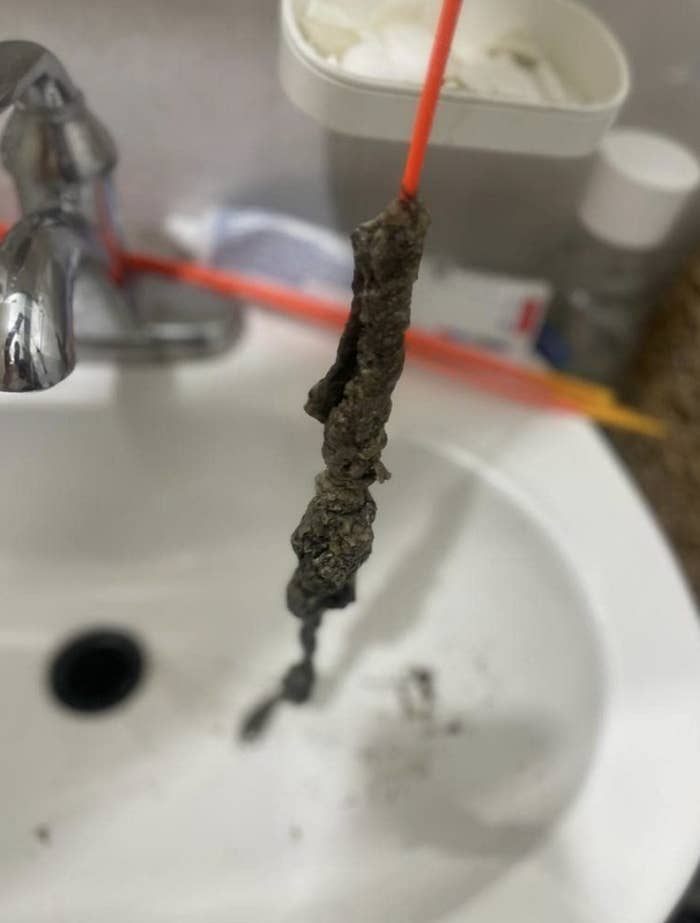 reviewer showing the drain snake covered in hair and grime