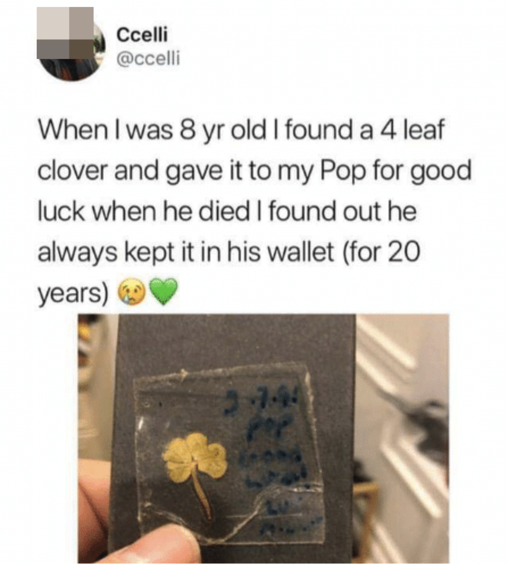 four-leaf clover that a dad had in his wallet for 20 years