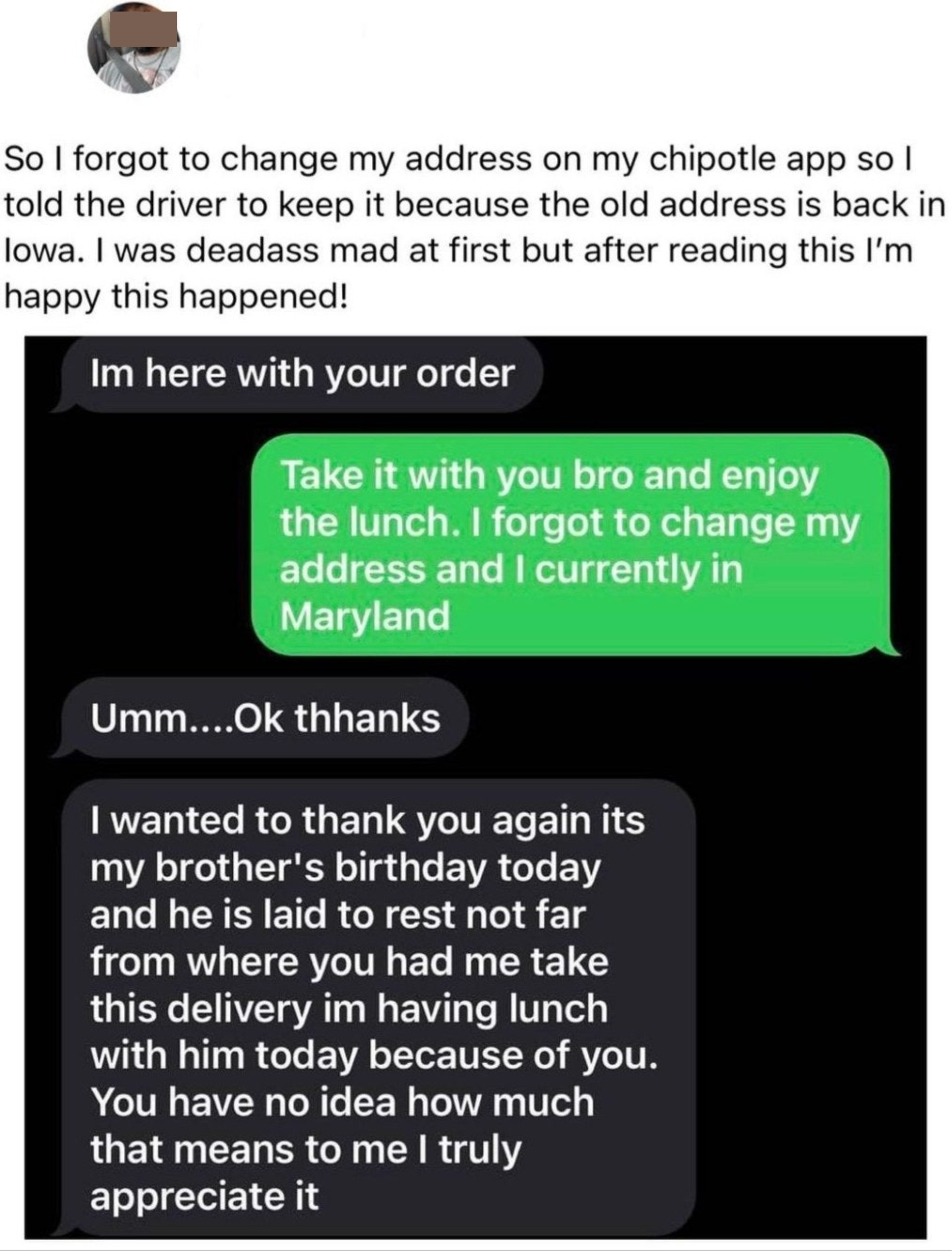 person who gifts delivery food to someone