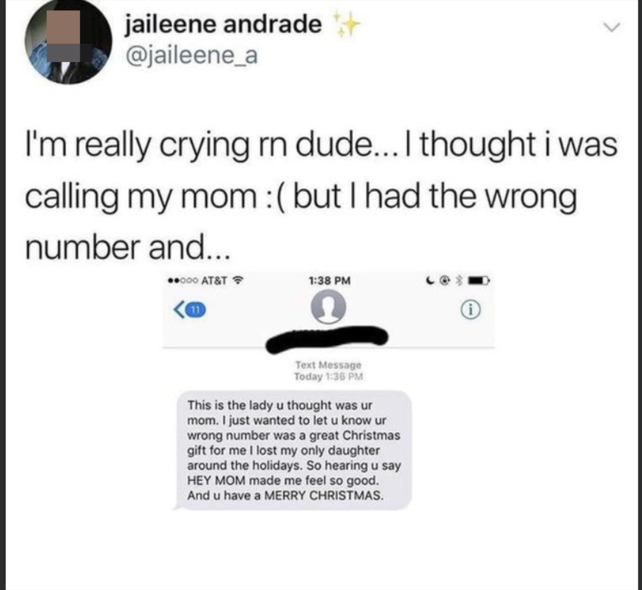 a text from a person who was incorrectly dialed saying that hearing &quot;hey mom&quot; made her day because she recently lost her daughter