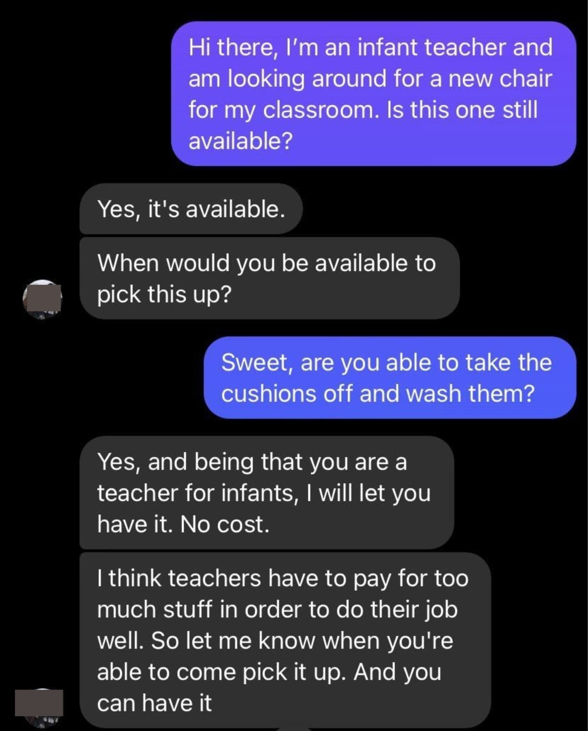 person who gifts a teacher a chair because they are a teacher