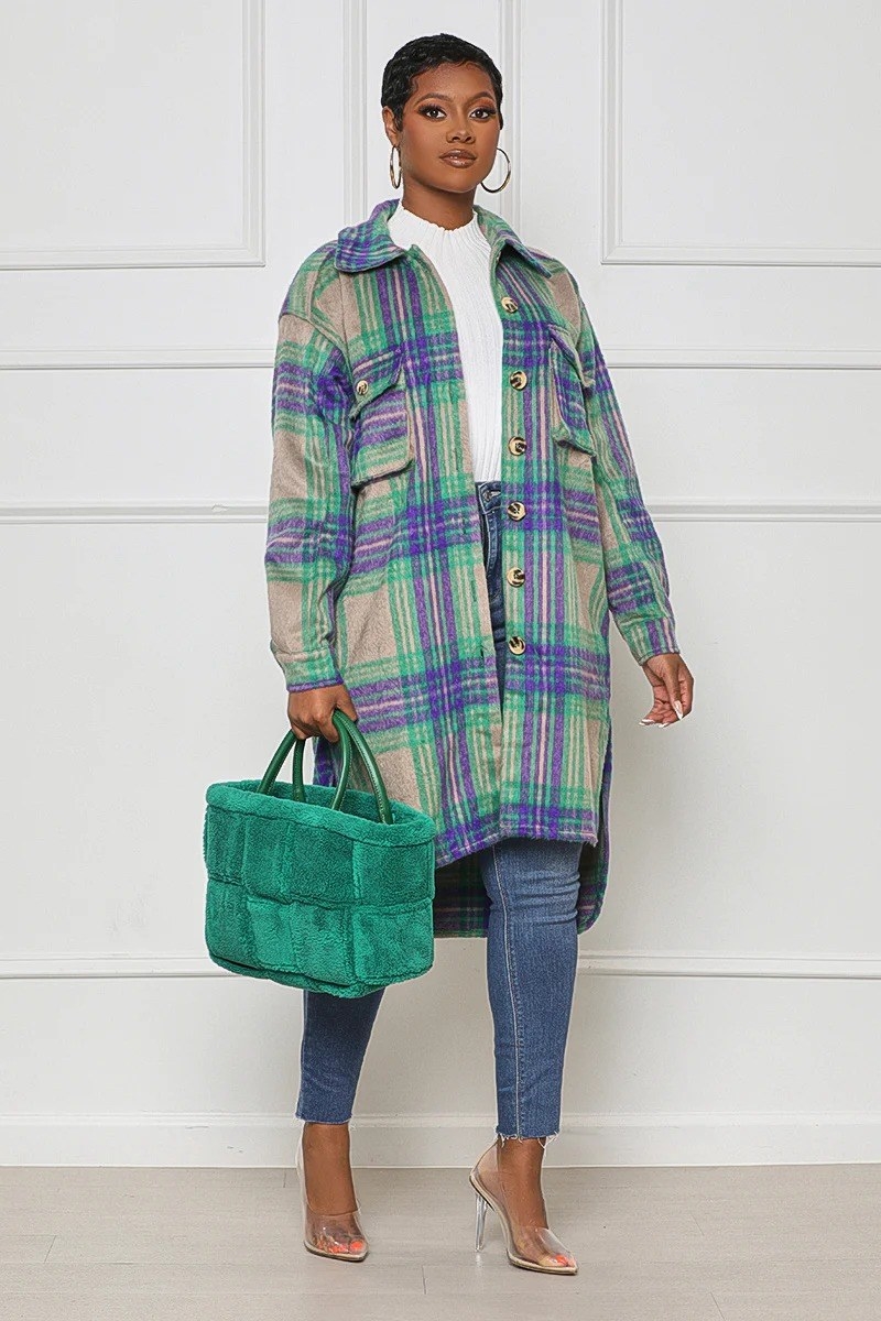 model wearing the blue and green long plaid shacket