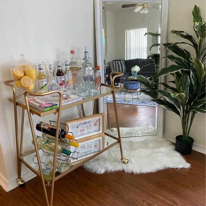 Reviewer&#x27;s photo of the bar cart in the color Rustic Gold