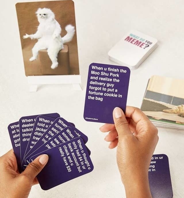 a person holding the what do you meme cards