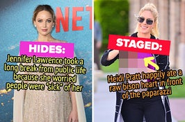 Jennifer Lawrence took a long break from public life, but Heidi Pratt happily ate a raw bison heart in front of paparazzi