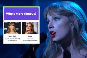 Taylor Swift looking up as she performs on SNL with a screenshot of the question who's more famous