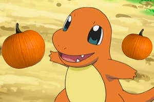 charmander from pokemon with pumpkin swirling around its head
