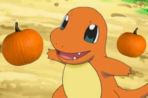 charmander from pokemon with pumpkin swirling around its head