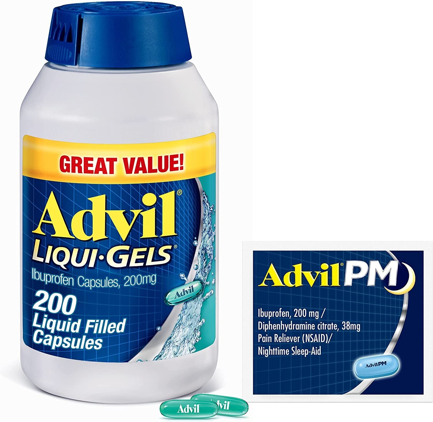 the bottle of advil and a small box of advil pm with two pills