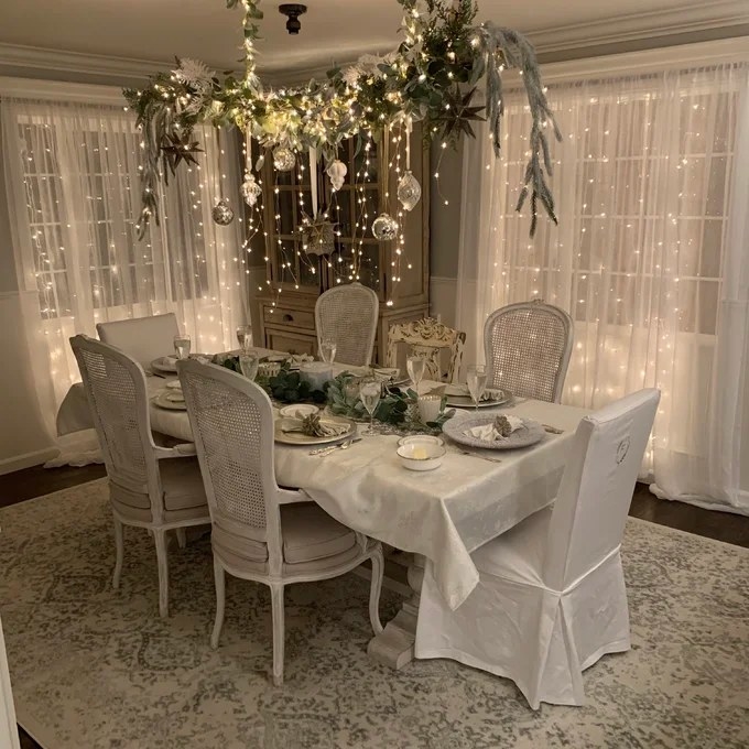 Reviewer&#x27;s photo of the fairy light curtain used in a dining room