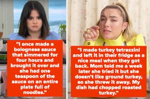Left: Selena Gomez looks on with wide eyes Right: Florence Pugh squints