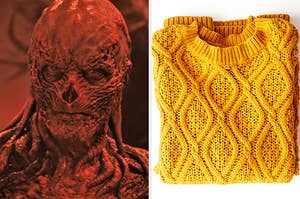 左边是《怪奇物语》里的Vecna，右边是一件叠好的毛衣