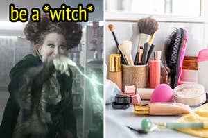 Winifred is on the left labeled, "be a witch" with makeup on the right