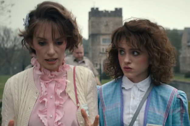 Robin and Nancy from Stranger Things walking next to each other outside