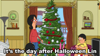 bob from bobs burgers saying its the day after halloween lin to christmas tree