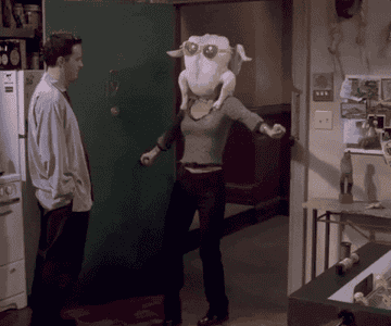 monica from friends dancing with a raw turkey on her head in front of chandler