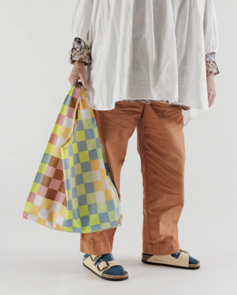 a person carrying the shopping bag in front of a plain background
