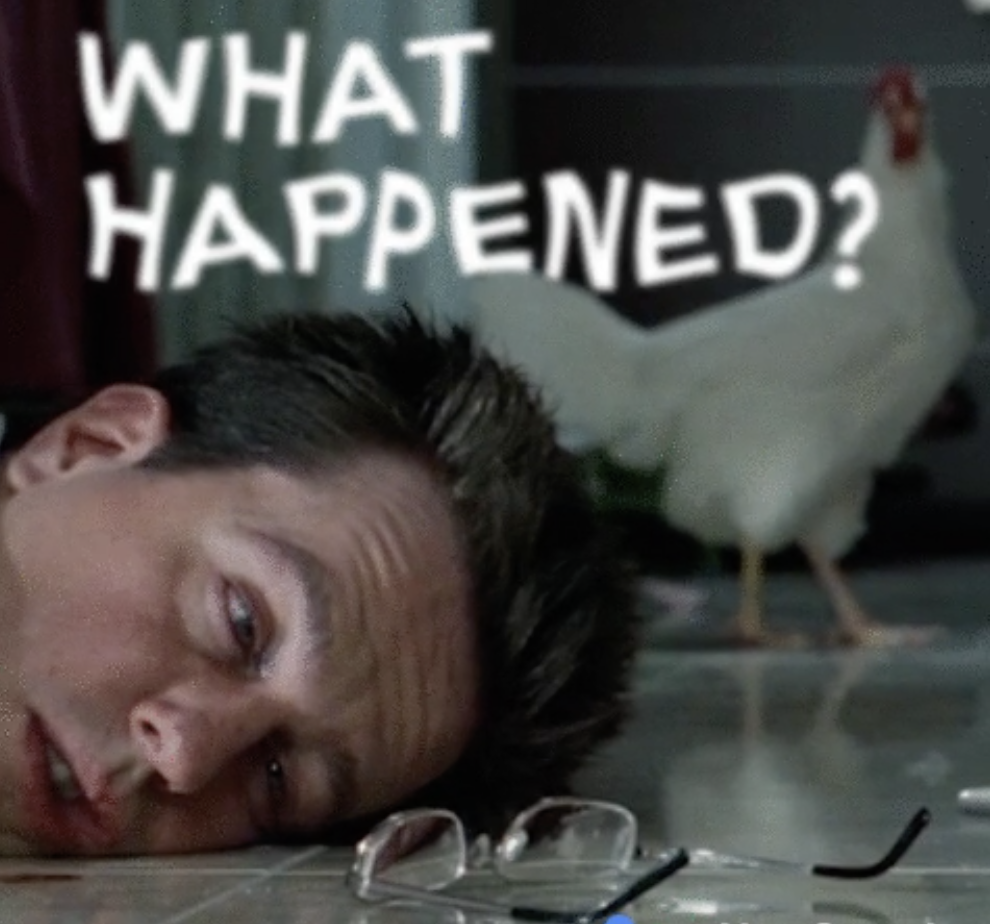 A man lying on the ground with the text, &quot;What happened?&quot;