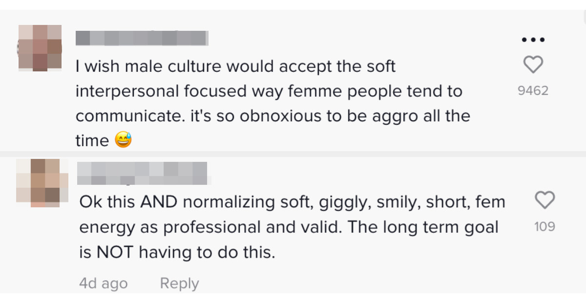 I wish male culture would accept the way femme people tend to communicate. ok this and normalizing soft giggling smily femme energy as professional and valid
