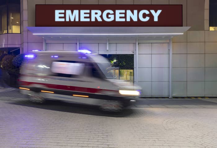 The ambulance quickly arriving at the emergency room entrance