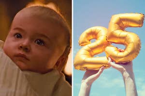 On the left, baby Renesmee from Twilight, and on the right, someone holding up a 2 balloon and a 5 balloon