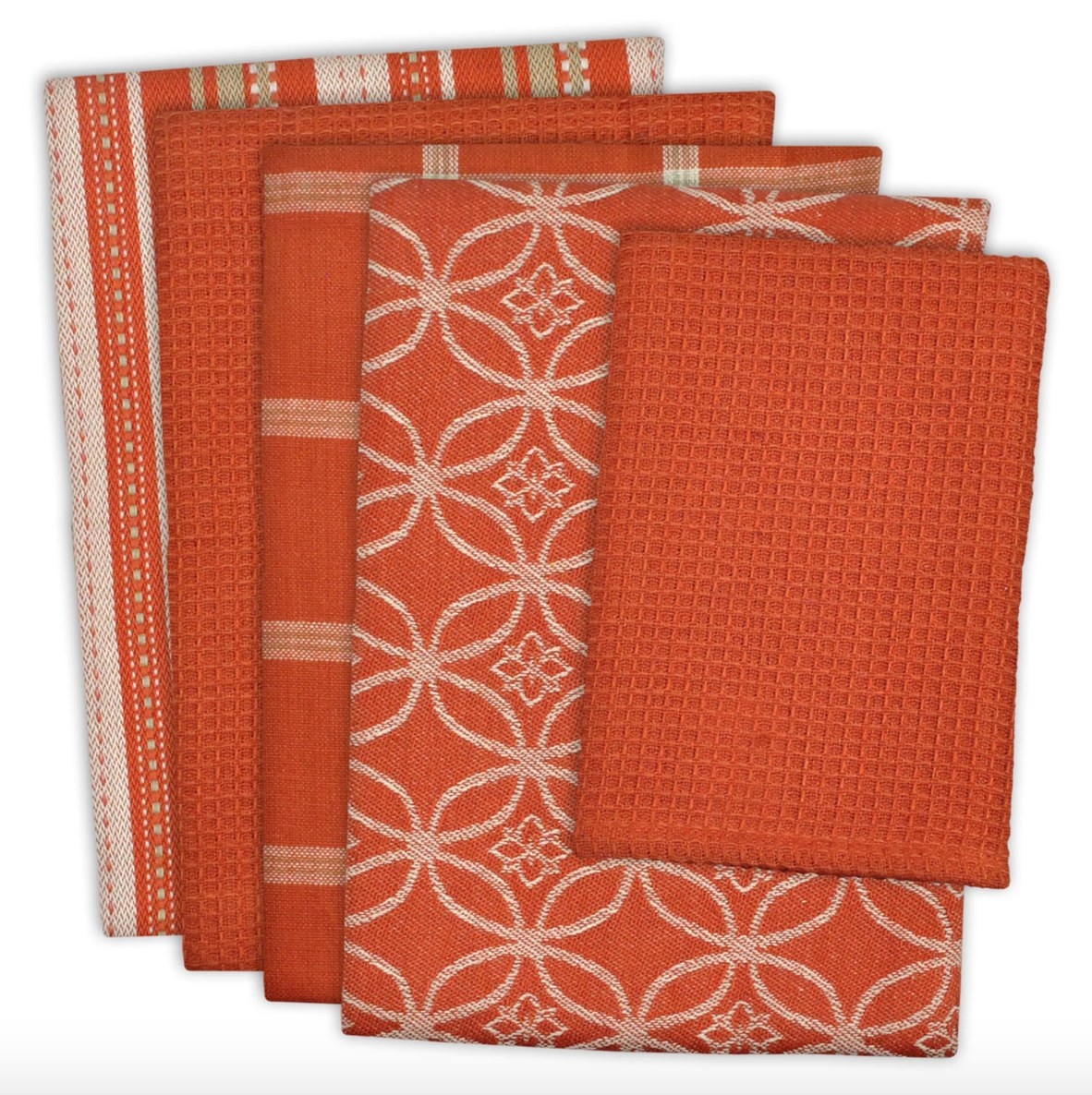 Orange dish towels with various different patterns