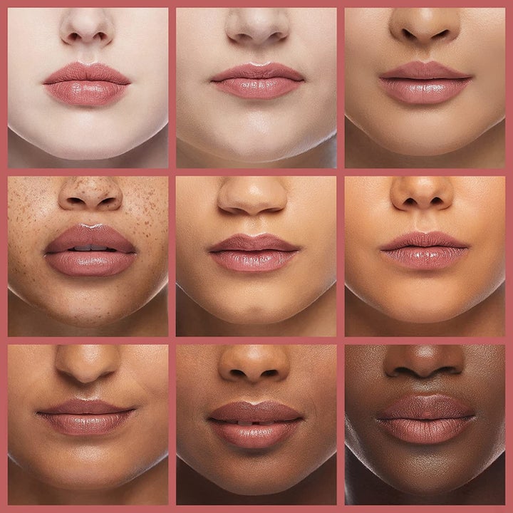 photos of nine models wearing the same pink-ish lipstick to show what it looks like on a variety of skin tones