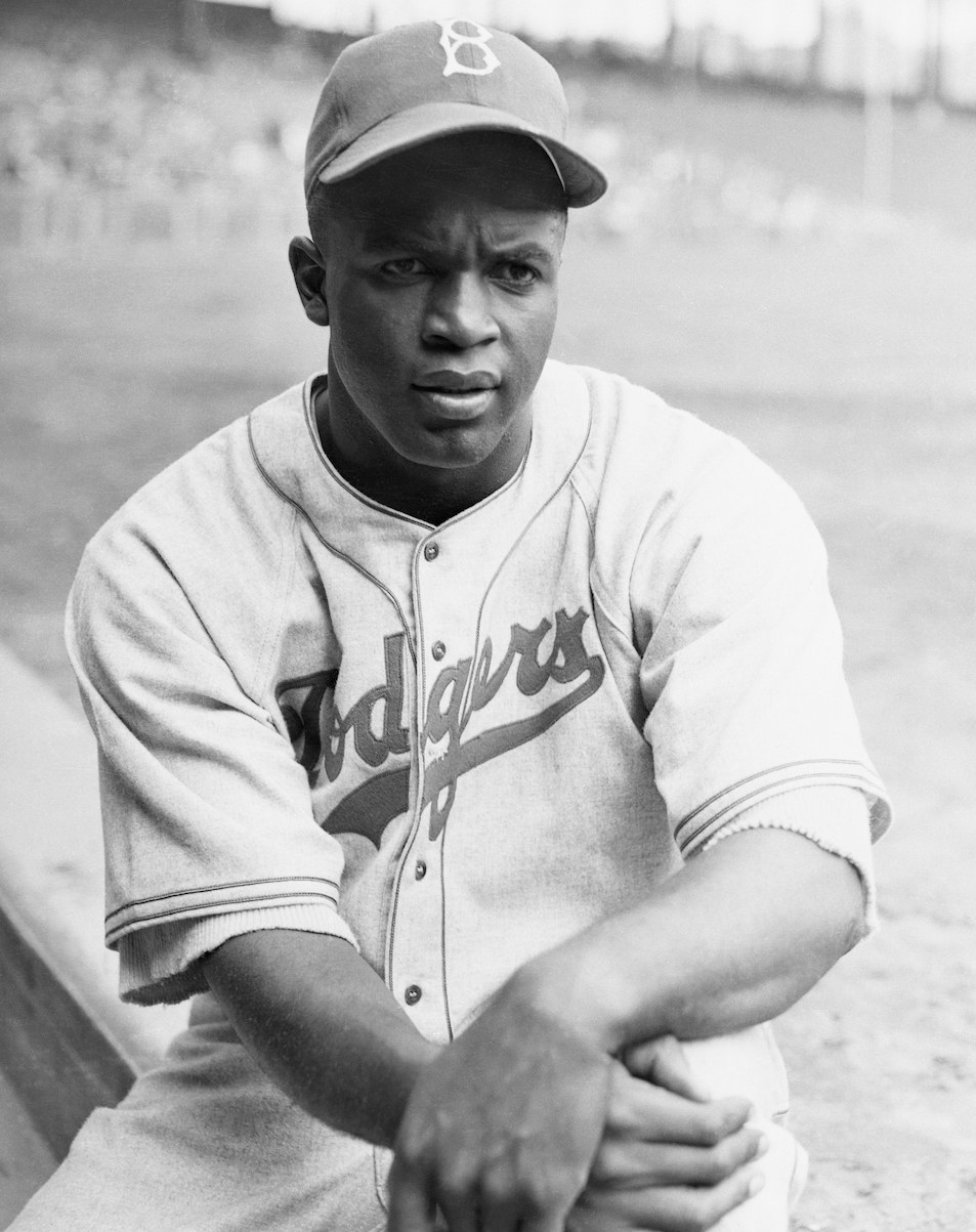 Black-and-white photo of Jackie in a Dodgers uniform