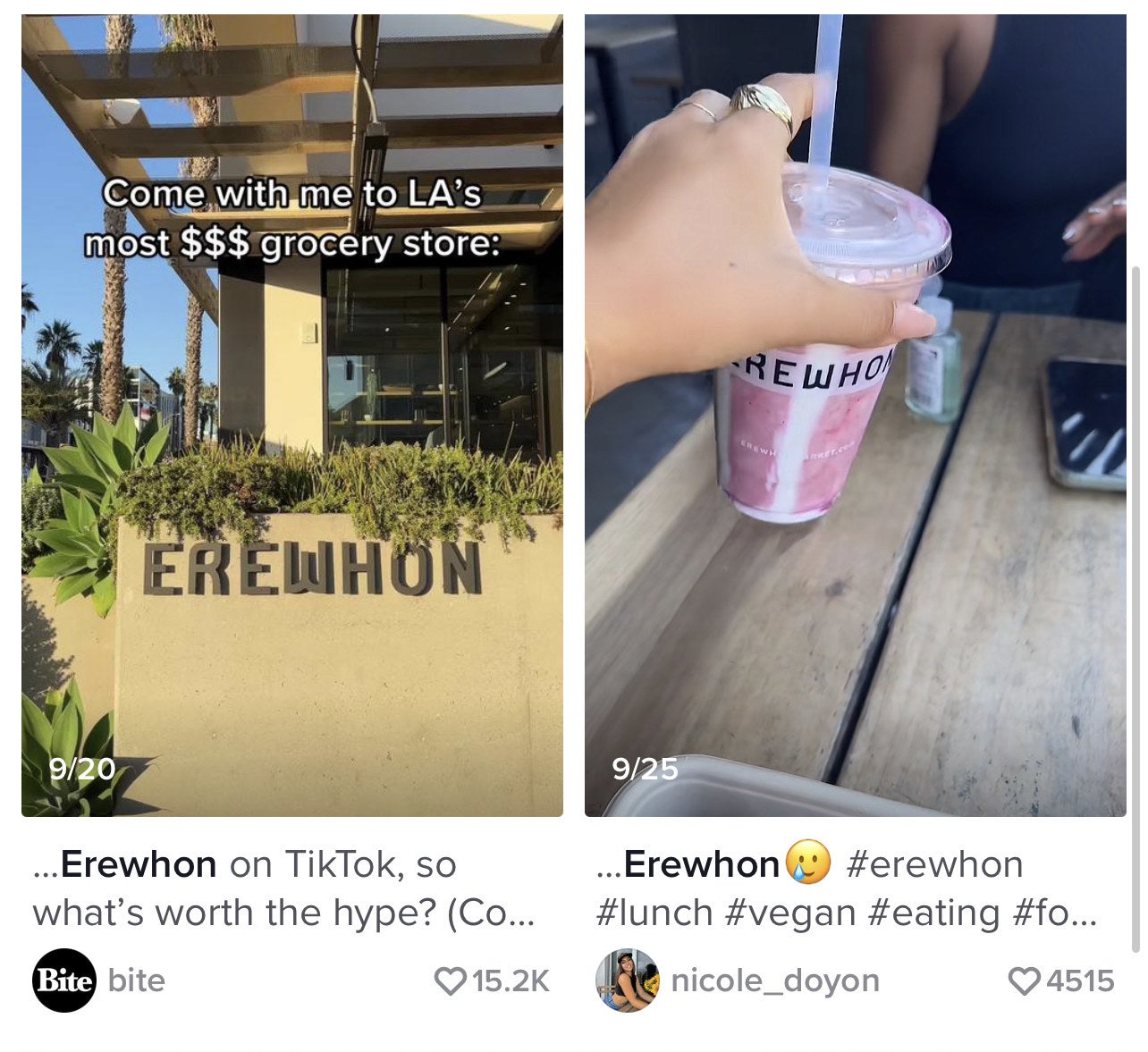 Two thumbnails for Erewhon walk-throughs on TikTok