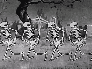 Black and white animation of dancing skeletons