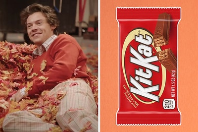 On the left, Harry Styles lying in a pile of fallen autumn leaves, and on the right, a Kit Kat