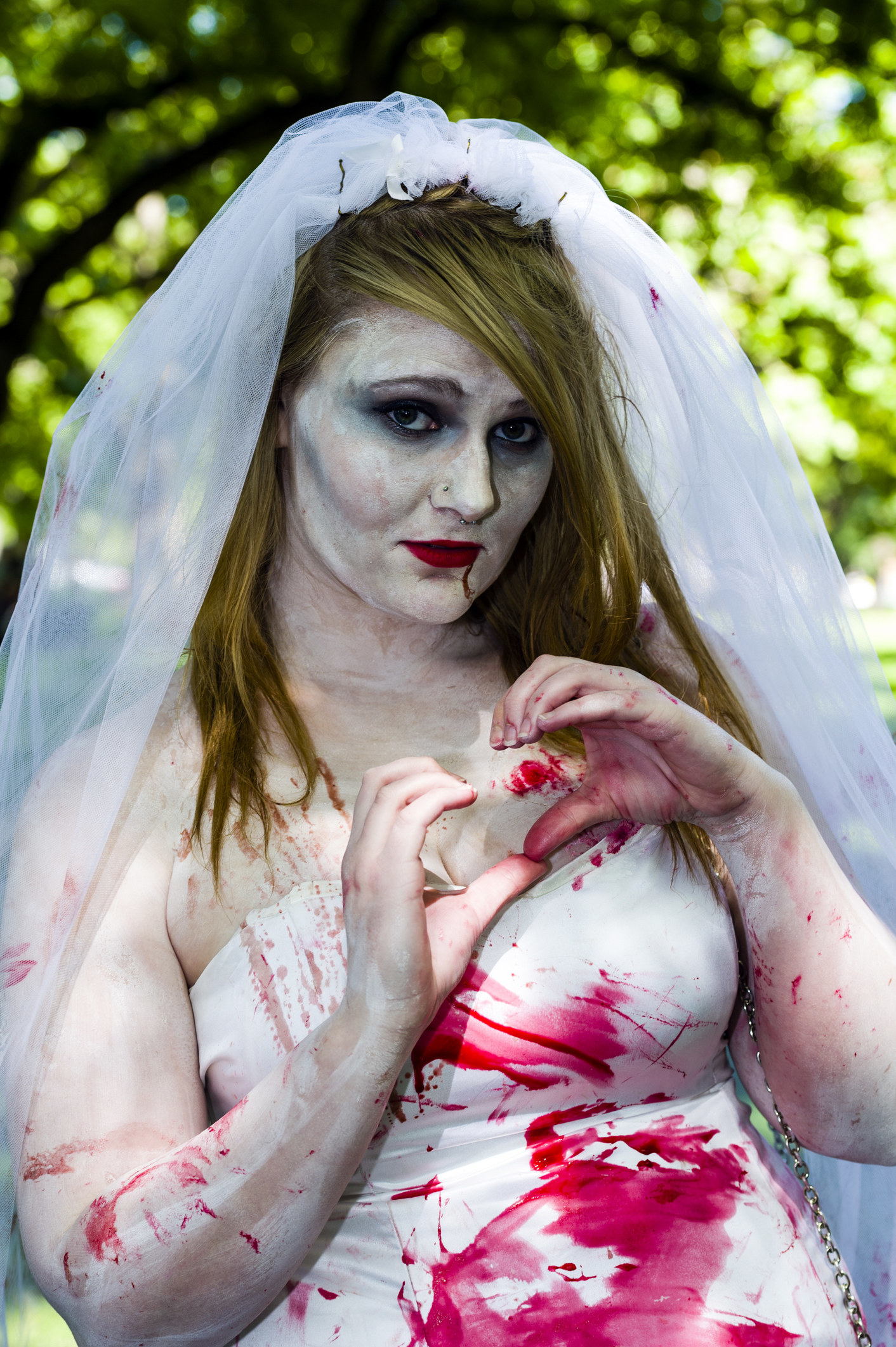 woman in a bloody bride dress