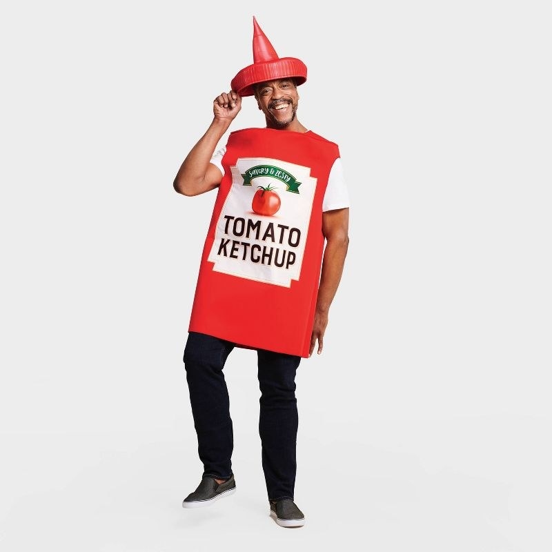 person wearing ketchup costume