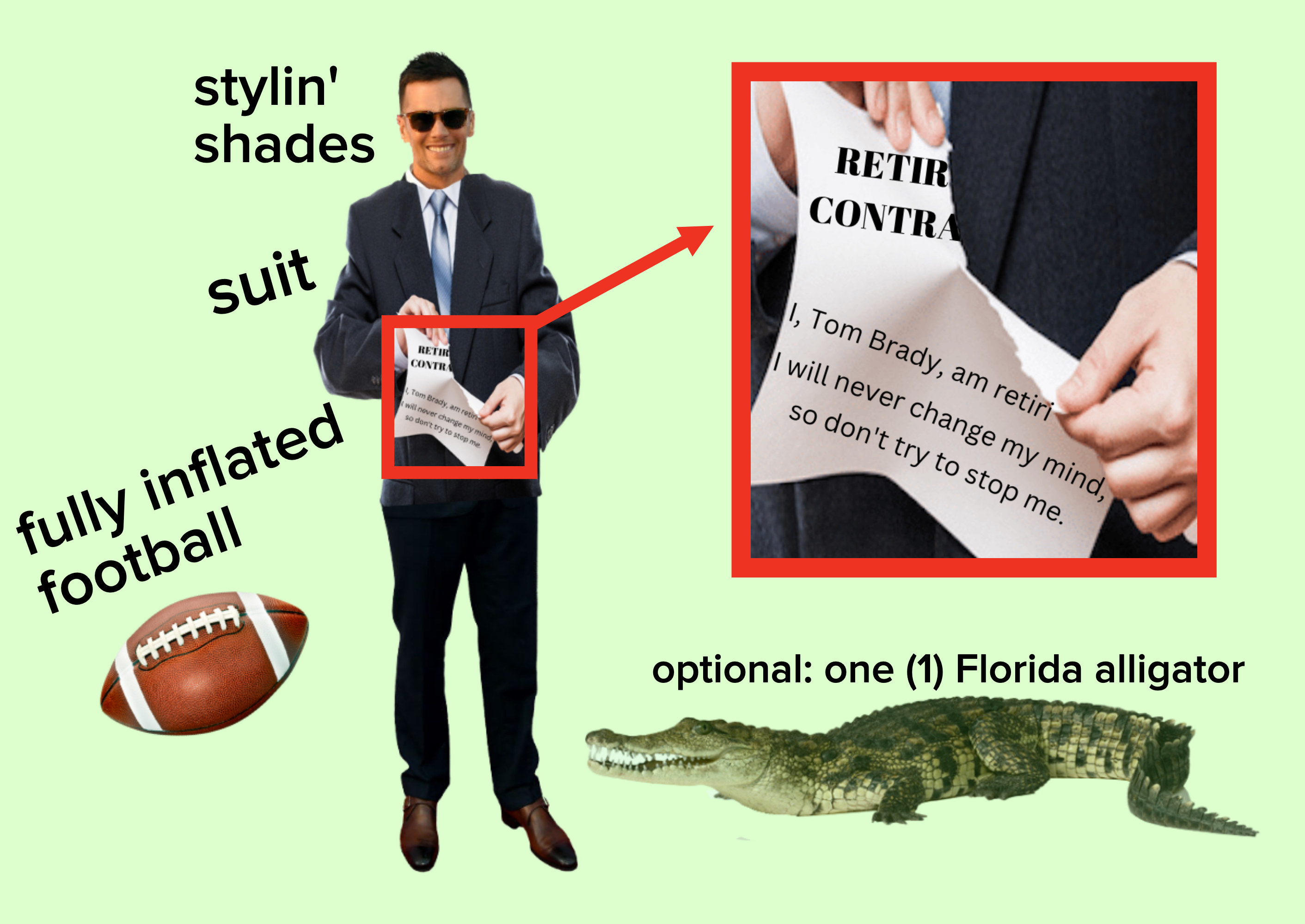 graphic of tom brady and the fully inflated football, ripped papers, and shades you could also use for props