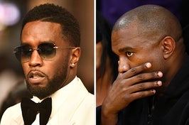 Diddy wears a white suit with a black tie and sunglasses. Kanye West wears a black pullover.