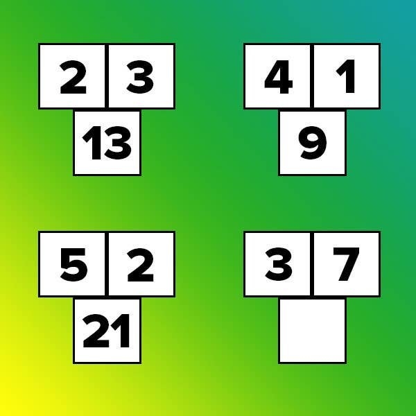 Four trios of squares with numbers in them, across and bottom: 2, 3, 13; 4, 1, 9; 5, 2, 21; 3, 7, ?