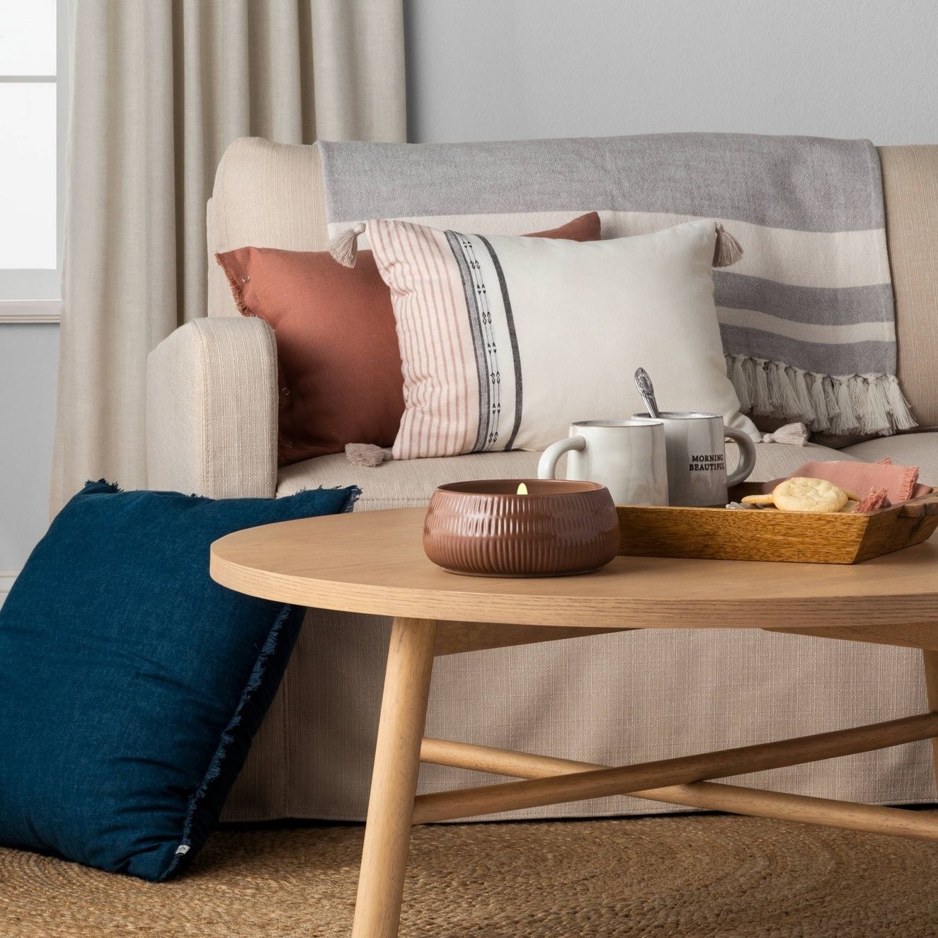 The coffee table styled in a living room