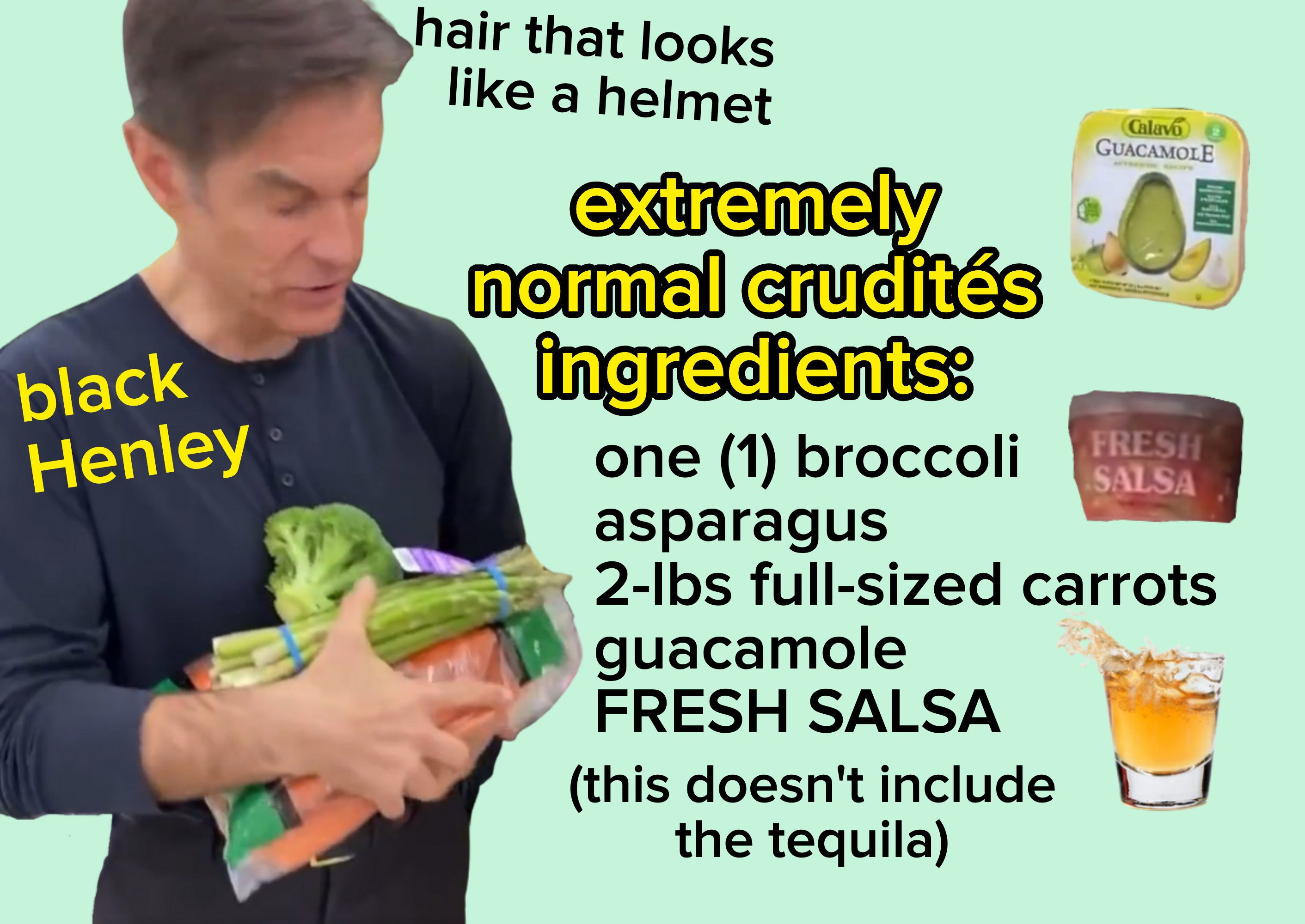 Dr. Oz holding a bunch of vegetables in his arms with other alternatives written on the side